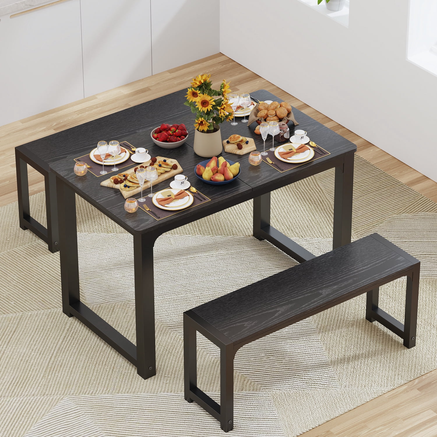 Extendable Dining Table Set for 4 People with 2 Benches,47" to 63" Kitchen Table for Living Room, Black