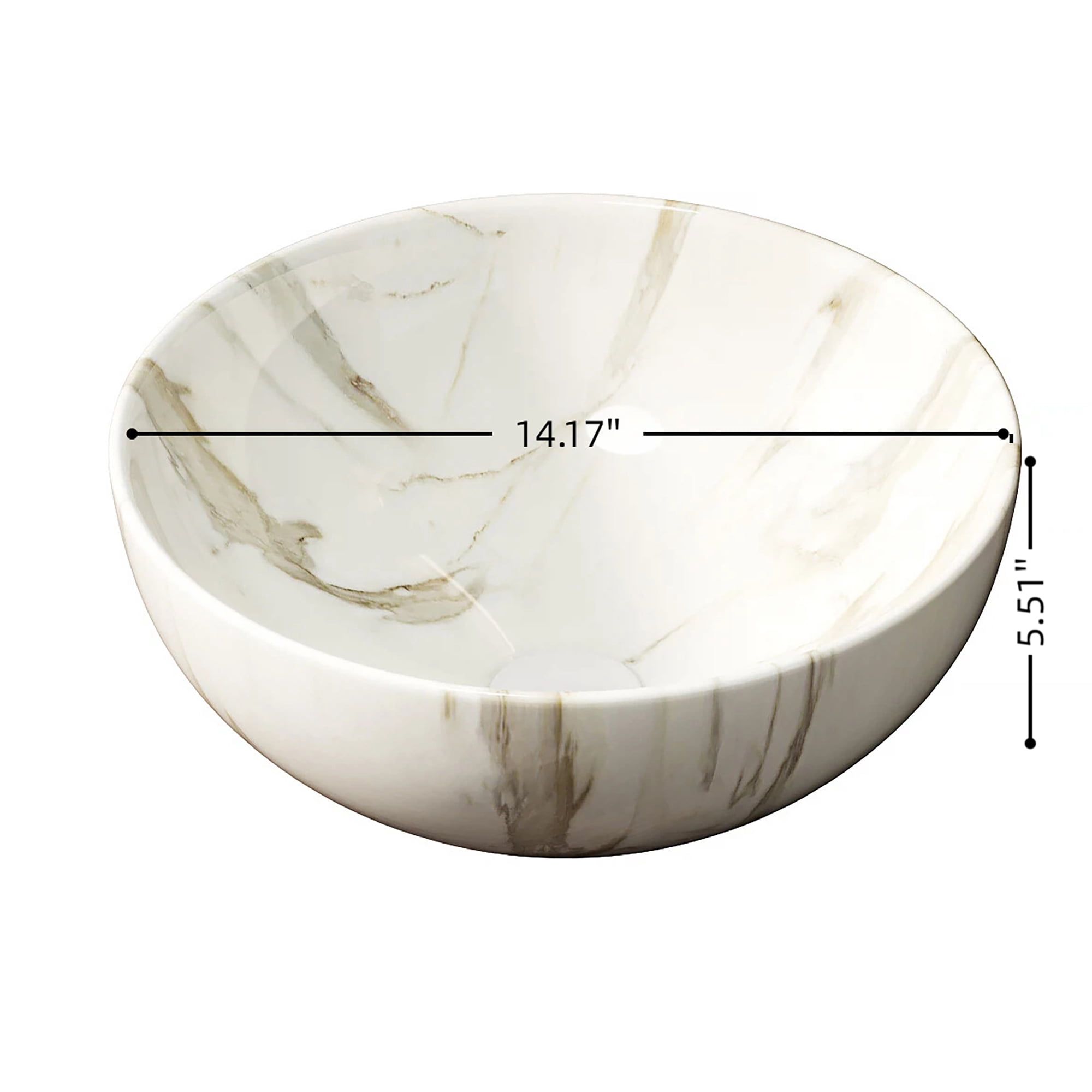 Wohh 14 Inch Bowl Shape Bathroom Sink with Marble Pattern, Small White Ceramic Integrated Countertop Vessel Sink, 14.17 x 5.51 Inch Durable Porcelain Vanity Basin for Vanity Storage Cabinet Use