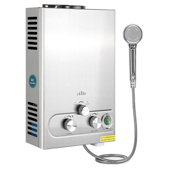 Tankless Water Heater Propane, 1.6GPM 6L Portable Hot Water Heater, Outdoor Use for RV, Van, Camping Trailer, Cabin, Barn, Pool, Sliver