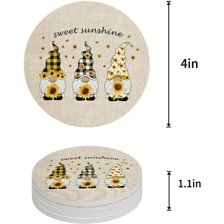 

ZHANZZK Summer Farm Gnome and Sunflowers Retro Set of 6 Round Coaster for Drinks Absorbent Ceramic Stone Coasters Cup Mat with Cork Base for Home Kitchen Room Coffee Table Bar Decor