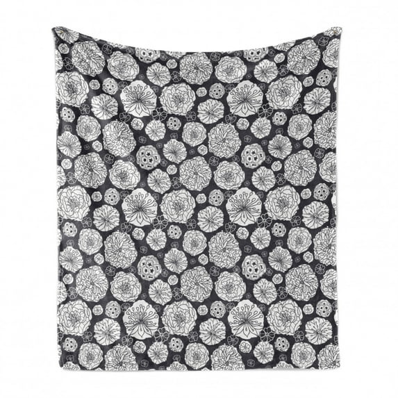 Floral Soft Flannel Fleece Blanket, White Sketchy Hand Drawn Gardening Plants Big Dandelions Flowers Leaves Print, Cozy Plush for Indoor and Outdoor Use, 50" x 70", Black and White, by Ambesonne
