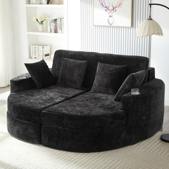 80" Oversized Double Lounge Chaise, Seal Velvet Upholstered Boneless Cloud Couch with Cup Holders, Full-Compressed Sleeper Loveseat Sofa Bed for Living Room, Black