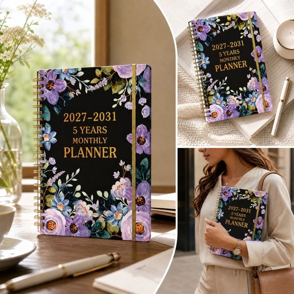 WYBXZ 2027-2031 Monthly Planner, 5 Year A5 Hardcover Spiral Planner with Elastic Closure, Twin-Wire Binding, 60-Month Organizer for Scheduling & Goal Tracking For Office Study
