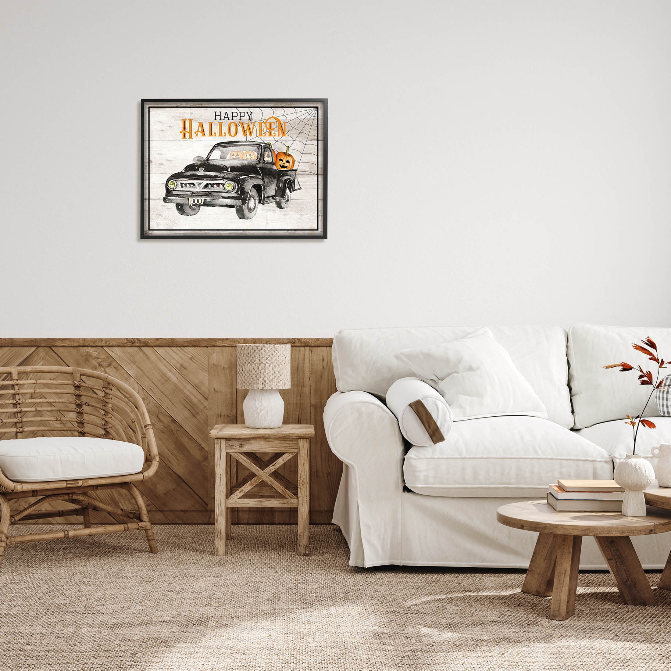 Stupell Industries Happy Halloween Pumpkin Truck Graphic Art Black Framed Art Print Wall Art, Design by Daniela Santiago
