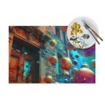 Fantastical 3 spheres floating around building Dining mat, washable