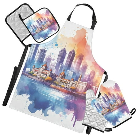 Mumbai City Skyline 5 Pcs Kitchen Set Heat Resistant Oven Mitts and Non-Slip Pot Holders with Adjustable Cooking Apron