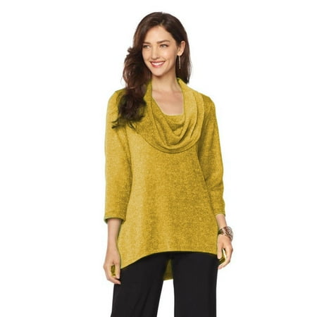 SLINKY BRAND 3/4-Sleeve Cowl Neck Sparkle Sweater GOLD Size L