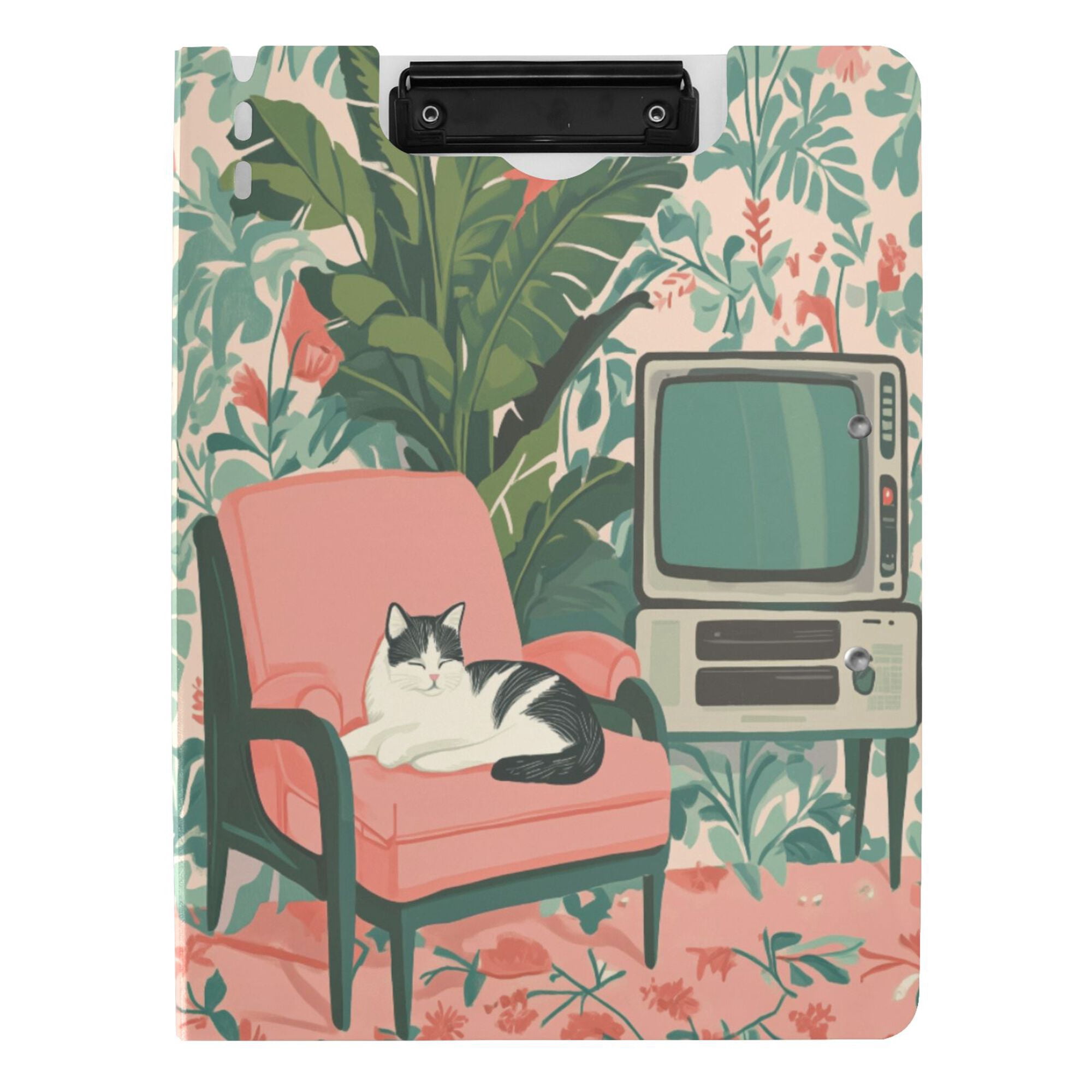 FORMRS A4 Clipboard Folder with Pen Holder Horizontal Foldable School Office Binder, Pink and White Cat