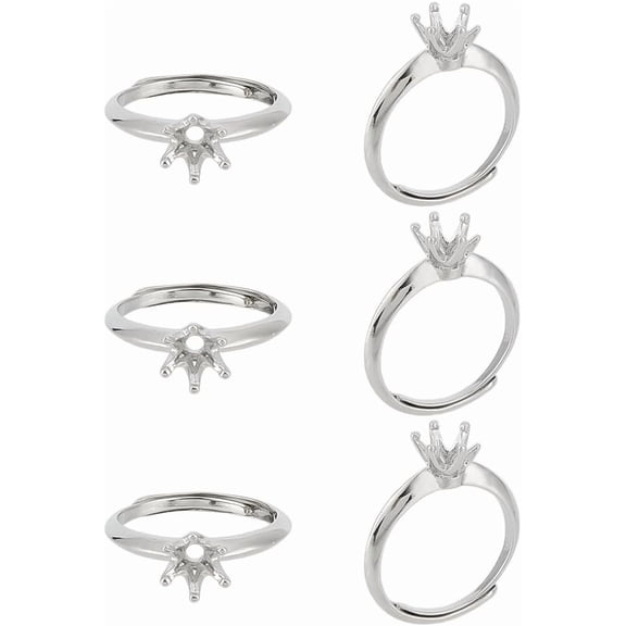 6 Pcs Brass Ring Bases Adjustable Prong Ring Settings Platinum Ring Blank Finger Ring Findings for Crafting Jewelry Making DIY