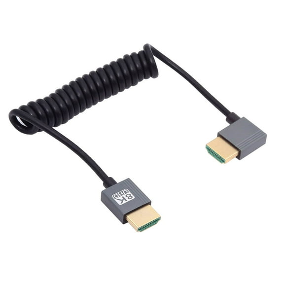 FVH HDMI 2.1 Male to HDMI Male 8K 60hz Stretch Coiled Cable Right Angled 90 Degree for HDTV Computer Laptop Monitor