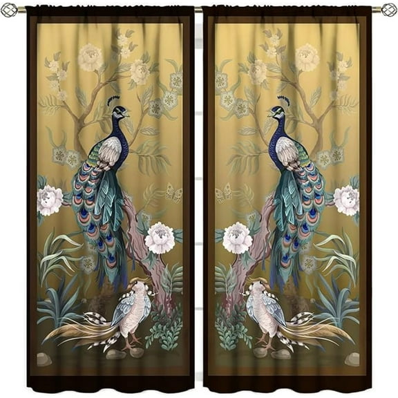 Peacock Peony Curtains,Vintage Chinese Style Japanese Decor Blackout Window Door Curtains For Bedroom Living Room Dining Room Decor 42"W x 63"L (Pack of 2)