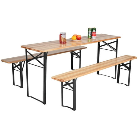 Costway 3 PCS Beer Table Bench Set Folding Wooden Top Picnic Table Patio