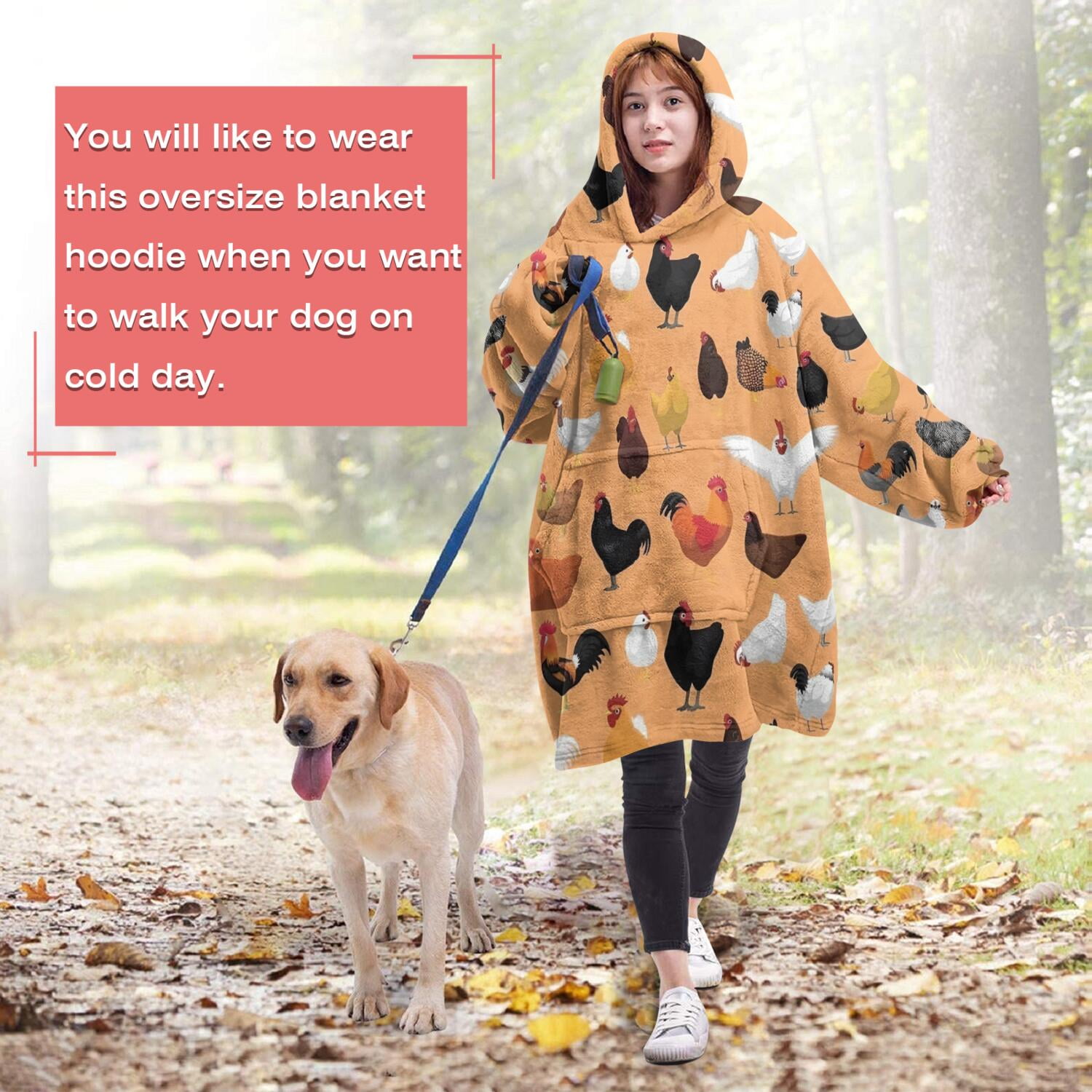 Wearable Oversized Blanket,Orange Chicken Breed Pattern Wearable Blanket Hoodie for Adults,Cozy Hooded Blankets with Super Pockets,Super Warm Fuzzy Pullover for Women & Men