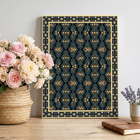 Floral Bouquets Canvas Wall Art for Living Room, Vintage Boho Ethnic Orange Black Floral Green Vines Poster Print Painting for Entryway Side Of Cabinet Decoration Wall Pictures Prepare To Hang 8"x12"