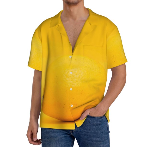 Balery Yellow Lemon Camisa Casual de Manga Corta con Botones para Hombre, Texturizada, Estilo Cubano, para Playa, Verano-XX-Large