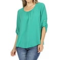 thumbnail image 2 of Women's Casual Solid Round Neck Loose Fit Roll Tab 3/4 Sleeve Shirt Blouse Tops, 2 of 6