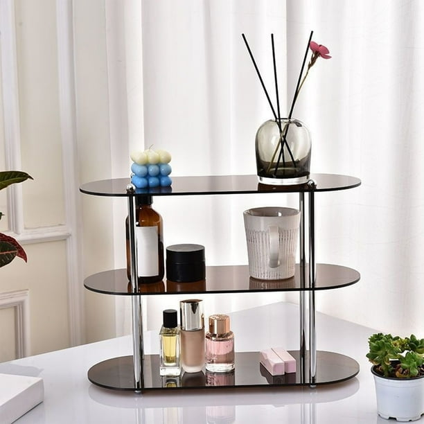 Organizador de Baño con Estante de Acrílico | Estante de almacenamiento de plástico transparente de 3 niveles para cosméticos | Estante de exhibición de mostrador de escritorio | Beige, Marrón |