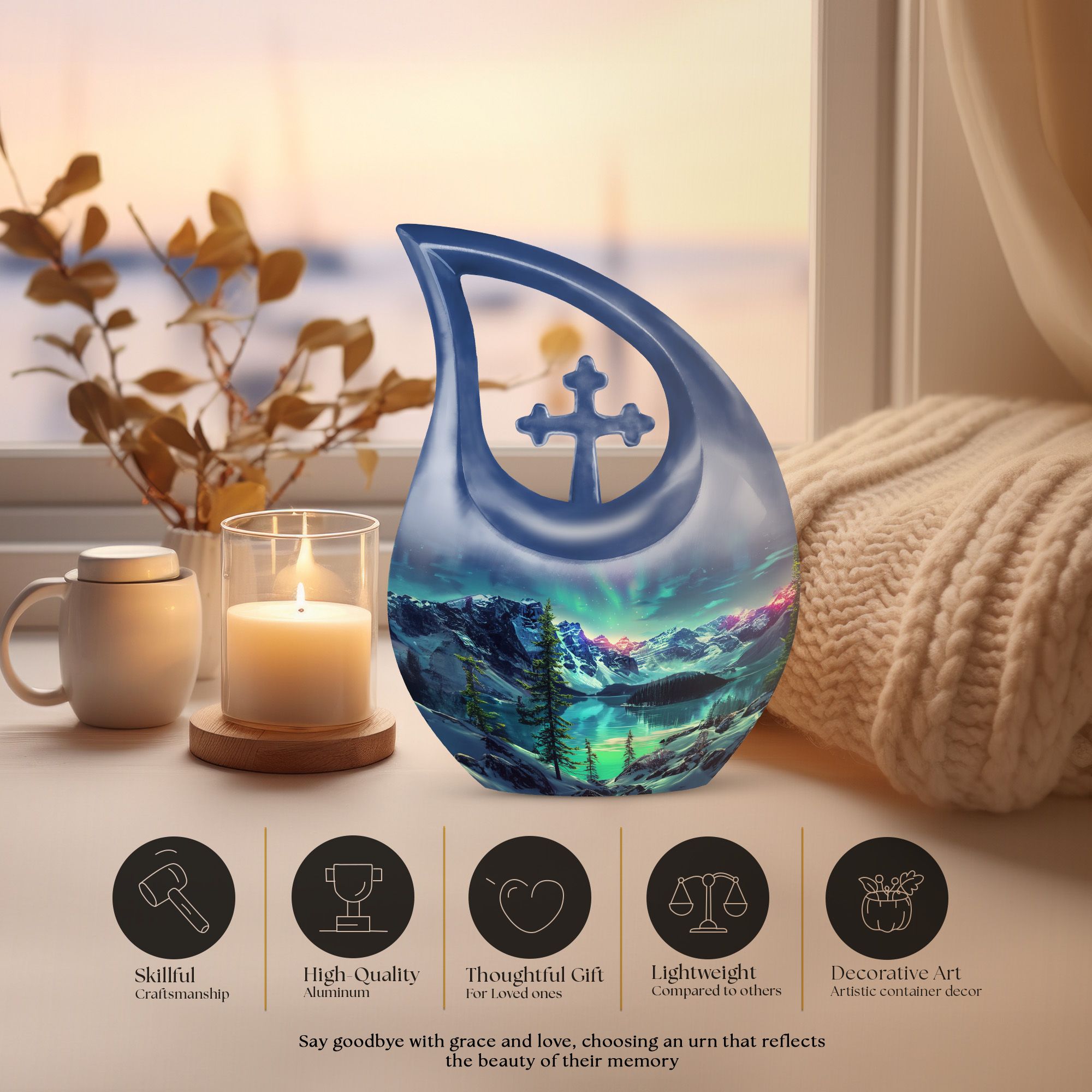 MUKTIVE Aurora Funeral Cremation Urns for Adult Ashes Grandmother - Mountain Memorial Urn for Human Ashes Adult Male & Female - 10 Inch Large Decoration Urn for Human