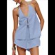thumbnail image 2 of Conjunto de 2 Piezas de Top Holgado de Verano para Mujer, Sexy, con Espalda Descubierta, Cuello Halter y Lazo Frontal, y Pantalones Cortos de Cintura Alta. Azul M, 2 of 10