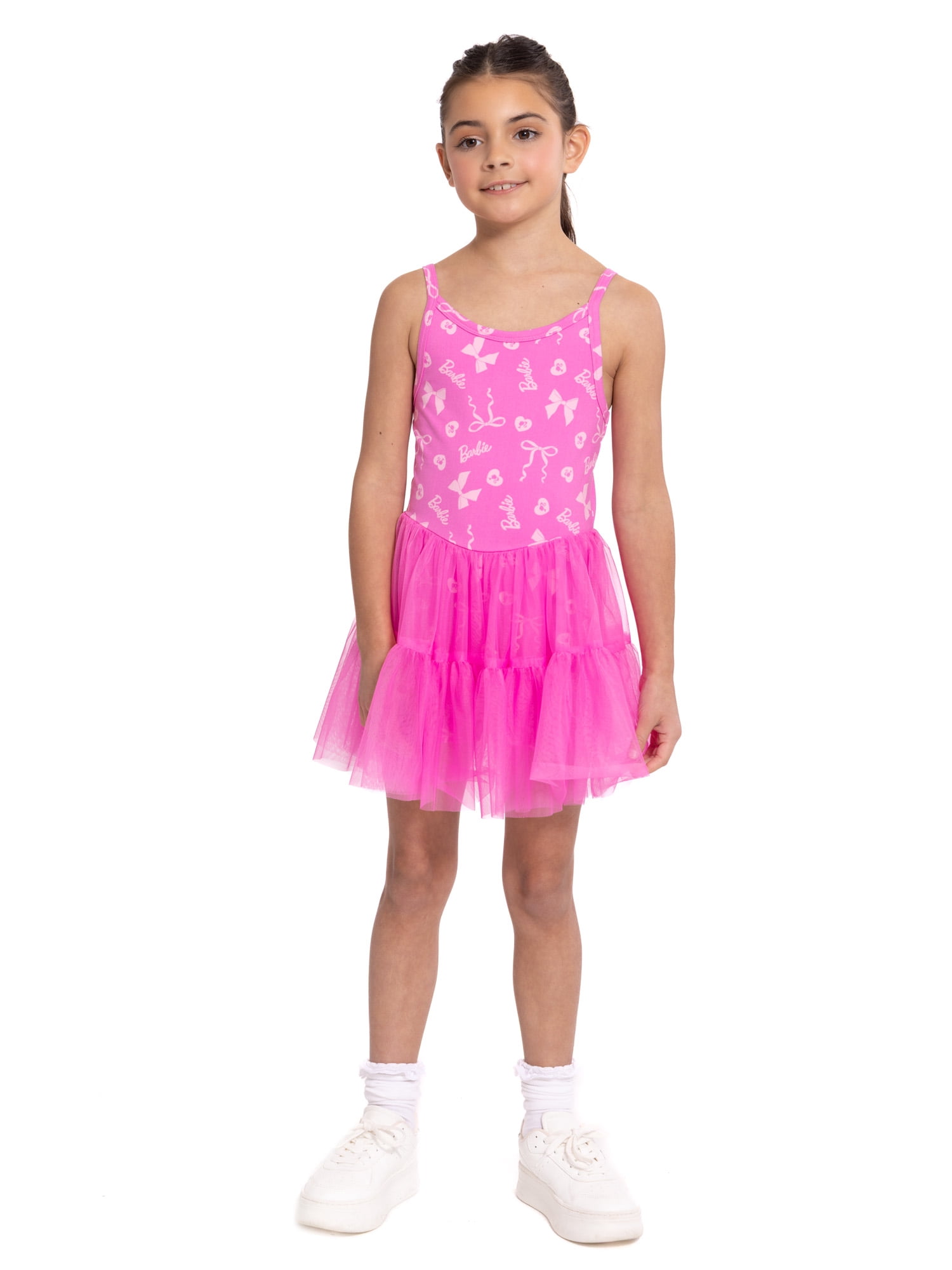 Barbie Girls Sleeveless Allover Print Tulle Romper, Sizes 4-12