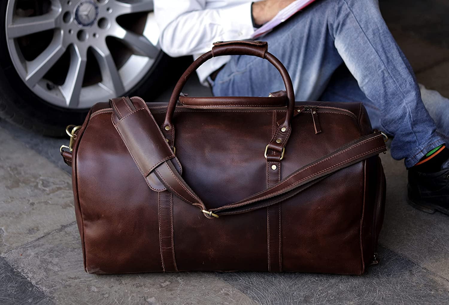 Leather Travel Bag ,Weekender Overnight Bag Leather Large Carry On Bag Travel Tote Duffel Bag for Men & Women (Dark Brown)