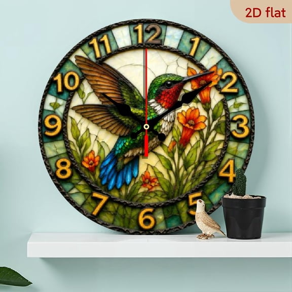 10 Inch Silent Wooden Wall Clock- Modern Green and Floral Design with Hummingbirds and, Battery Operated(AA Batteries Not Included)- Sturdy Wooden Artist Home Decoration, Suitable for Livi