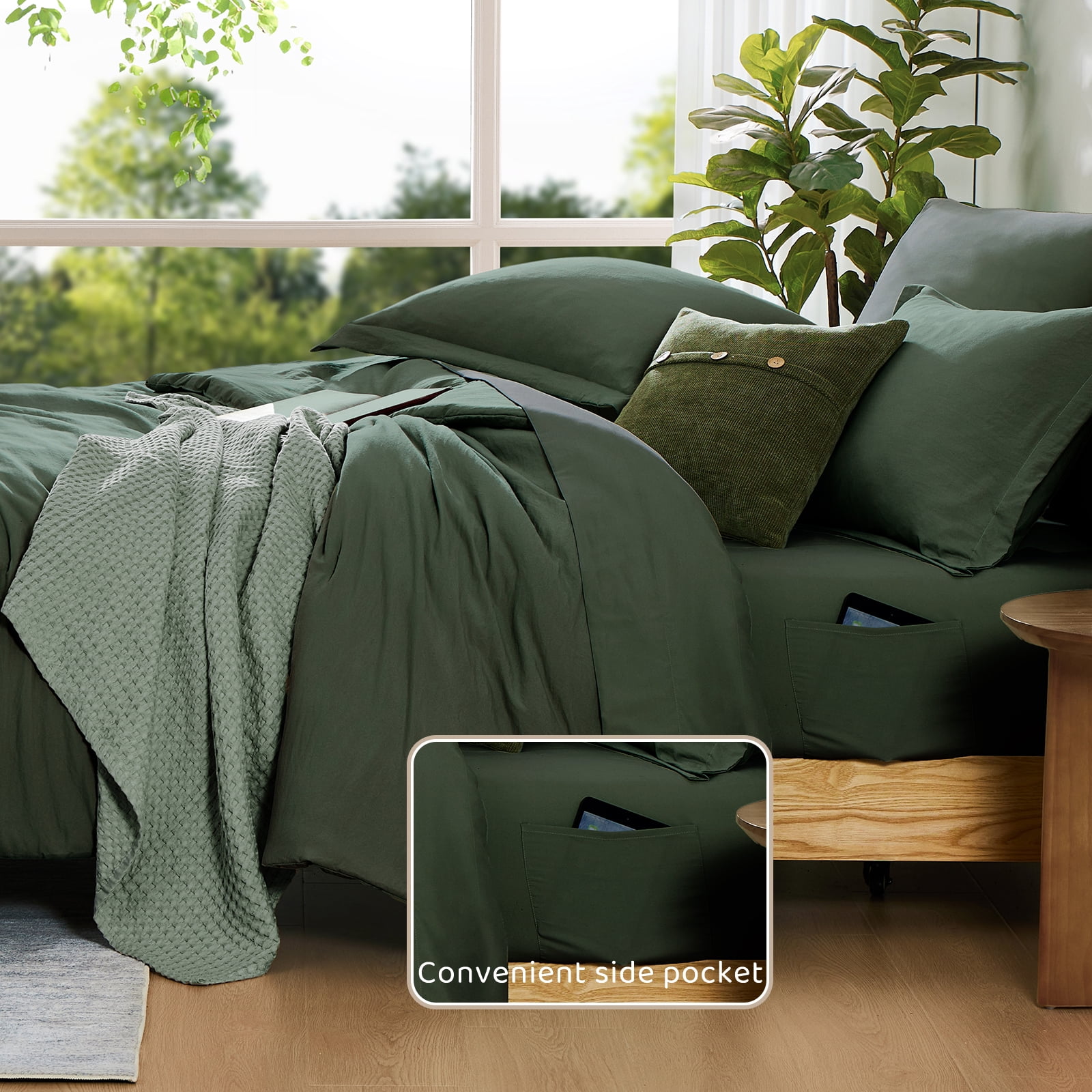 Amberspace Prewashed fabric 7-piece Bed in a Bag Comforter Set with Sheets,Dark green,Queen