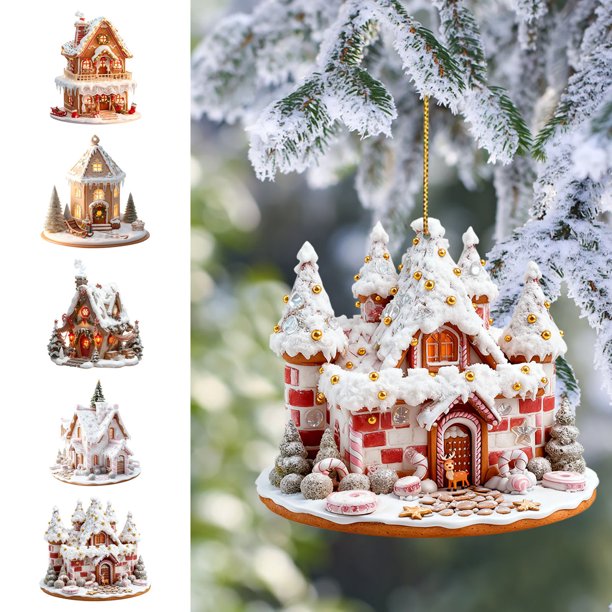 Adorno Navideño Colgante de Casita de Acrílico | Tema de Paisaje Invernal Nevado | Varios Diseños de Casitas | Ligero | 8 Cm | Incluye Caja de Regalo