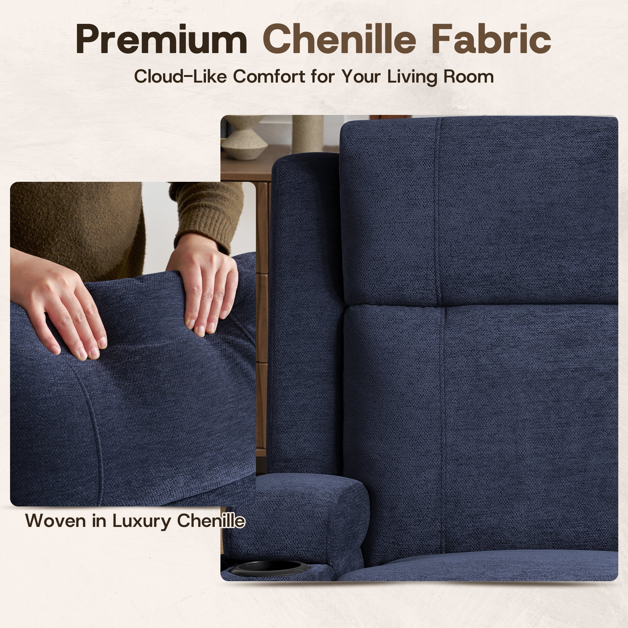 Chenille Reclining Couch, Manual Reclining Loveseat with Cup Holders, Wide Seat, Spill-Resistant Fabric, Easy Assembly, for Living Room/Apartment/RV Recliner Sofa