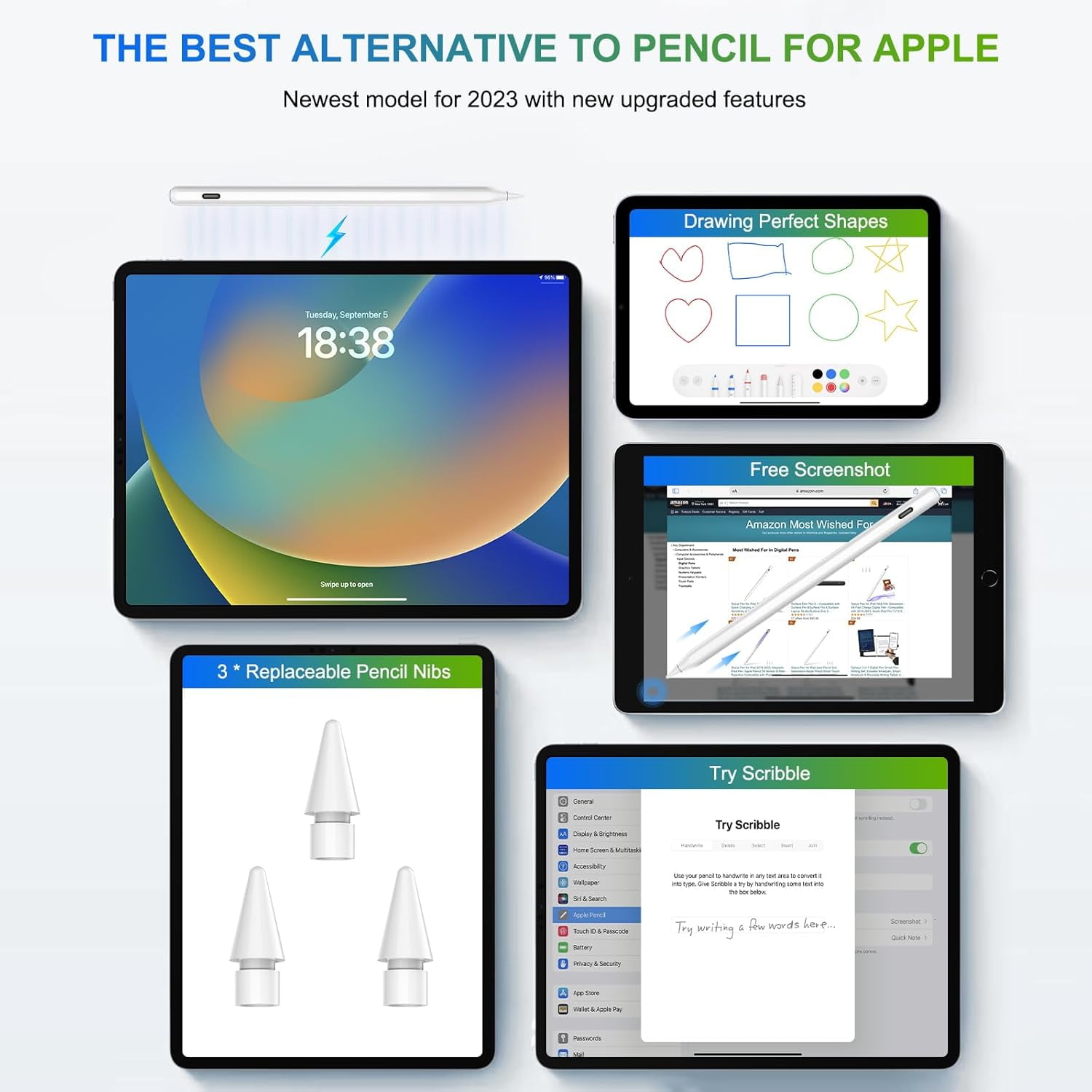 Pencil 2nd Generation for iPad: Magnetic Wireless Charging (Air 4/5, Mini 6, Pro 11/12.9)   USB-C Fast Charge - Palm Rejection Stylus for iPad 6-11, Pro 11/12.9 M4 M5, Air 3-5/M2/M3, Mini 5/6