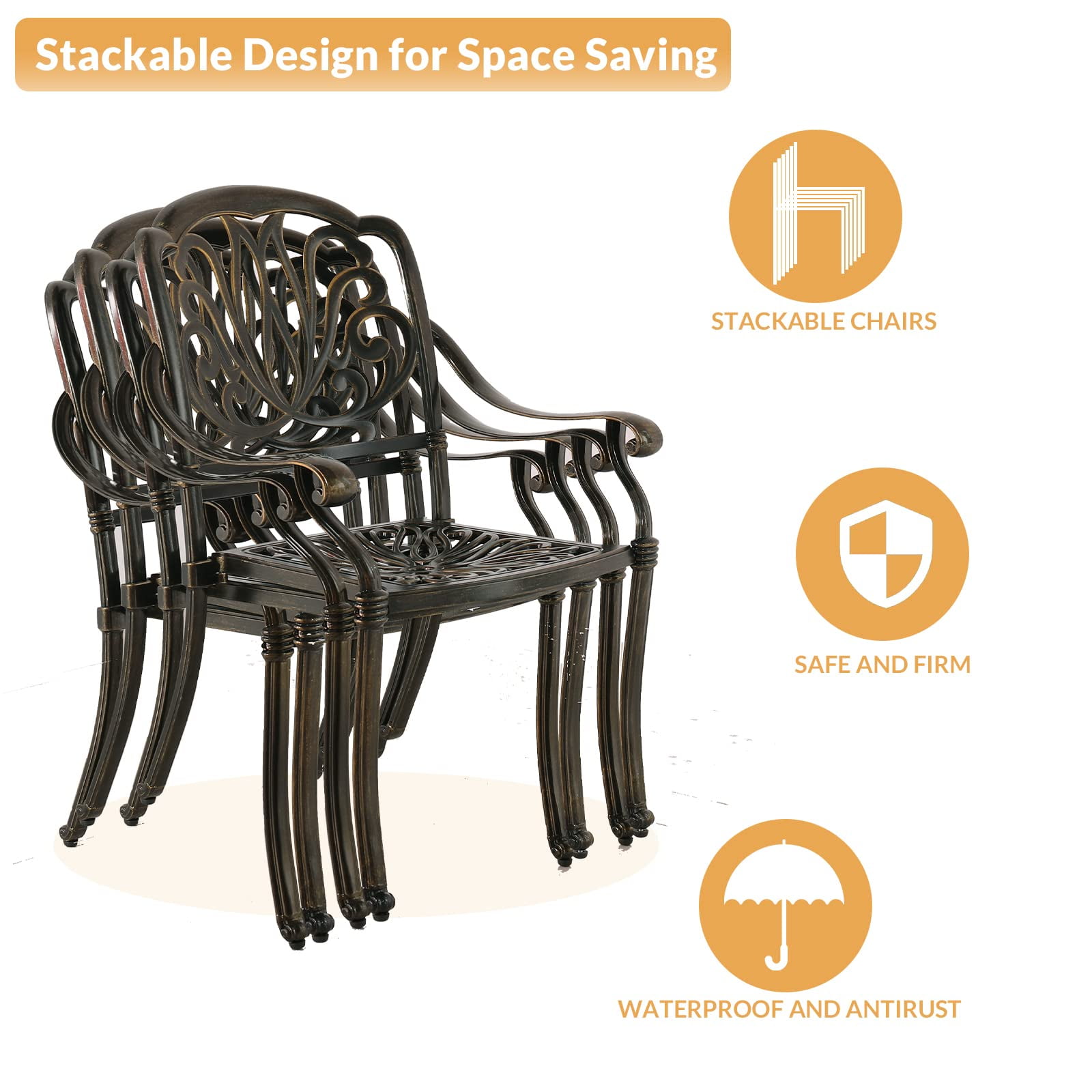 W WARMHOL 5-Piece Outdoor Patio Dining Set, All-Weather Cast Aluminum Patio Furniture Set for Backyard Garden Deck with 4 Chairs, 4 Cushions and 35.4” Square Table, 2.2" Umbrella Hole