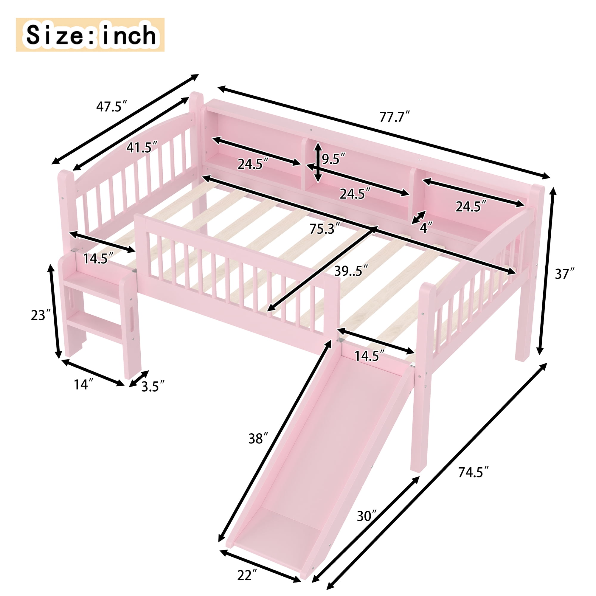 Leumius Twin Size Loft Bed with Slide,Solid Wood Loft Bed Frame with Storage Shelves,LED Lights and Full-length Guardrails,No Box Spring Needed,Pink