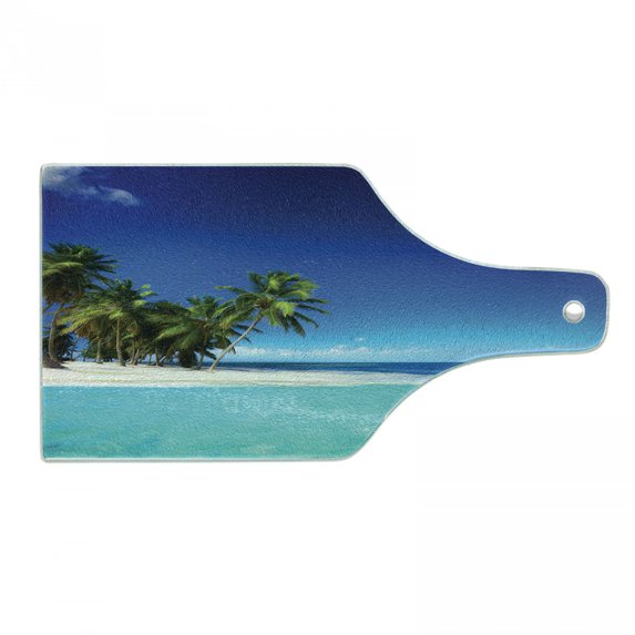 Ocean Cutting Board, Seaside View Tropical Island Coast Jungle Nature Landscape Picture, Decorative Tempered Glass Cutting and Serving Board, Wine Bottle Shape, Royal Blue Turquoise, by Ambesonne