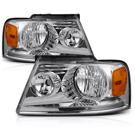 M-AUTO L&R Headlights Assembly for 2004-2008 Ford F-150 / 2006 2007 2008 Lincoln Mark LT, Chrome Housing Clear Lens Amber Corner