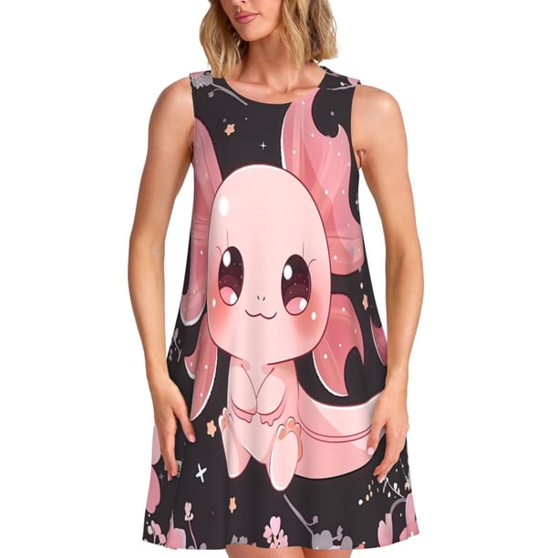 Fotbe Chibi Axolotl Sakura Fantasy Vestido de Verano sin Mangas para Mujer – Vestido Midi Línea A, Estilo Camiseta Floral, Vestido Playero Casual y Fluido