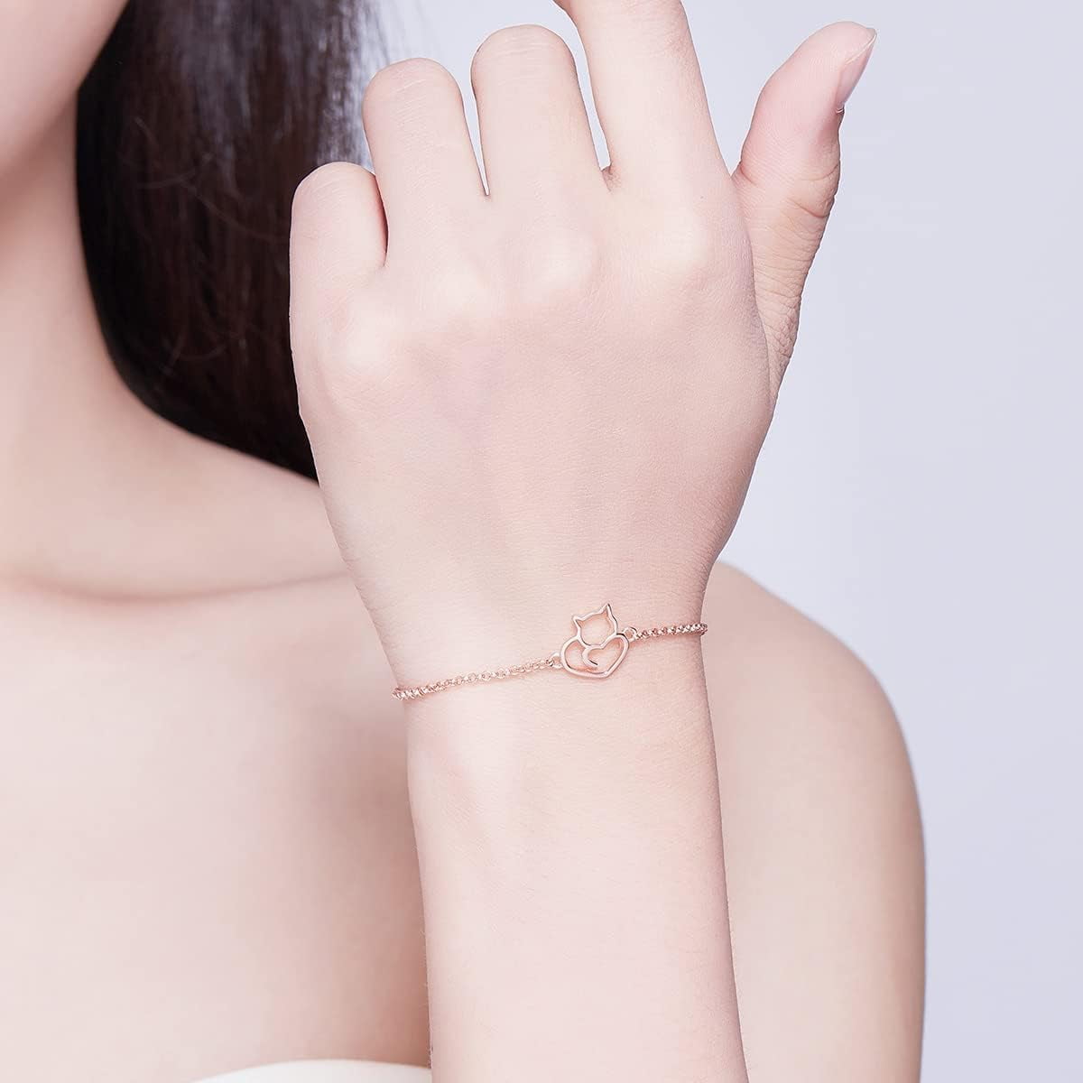 925 Sterling Silver Chain Bracelet with Cat Love Heart Charm Adjustable Plated Gold Bracelets with Chain Length 6.5in-7.9in, Best Jewelry Gift for Girls Women Cat Lovers