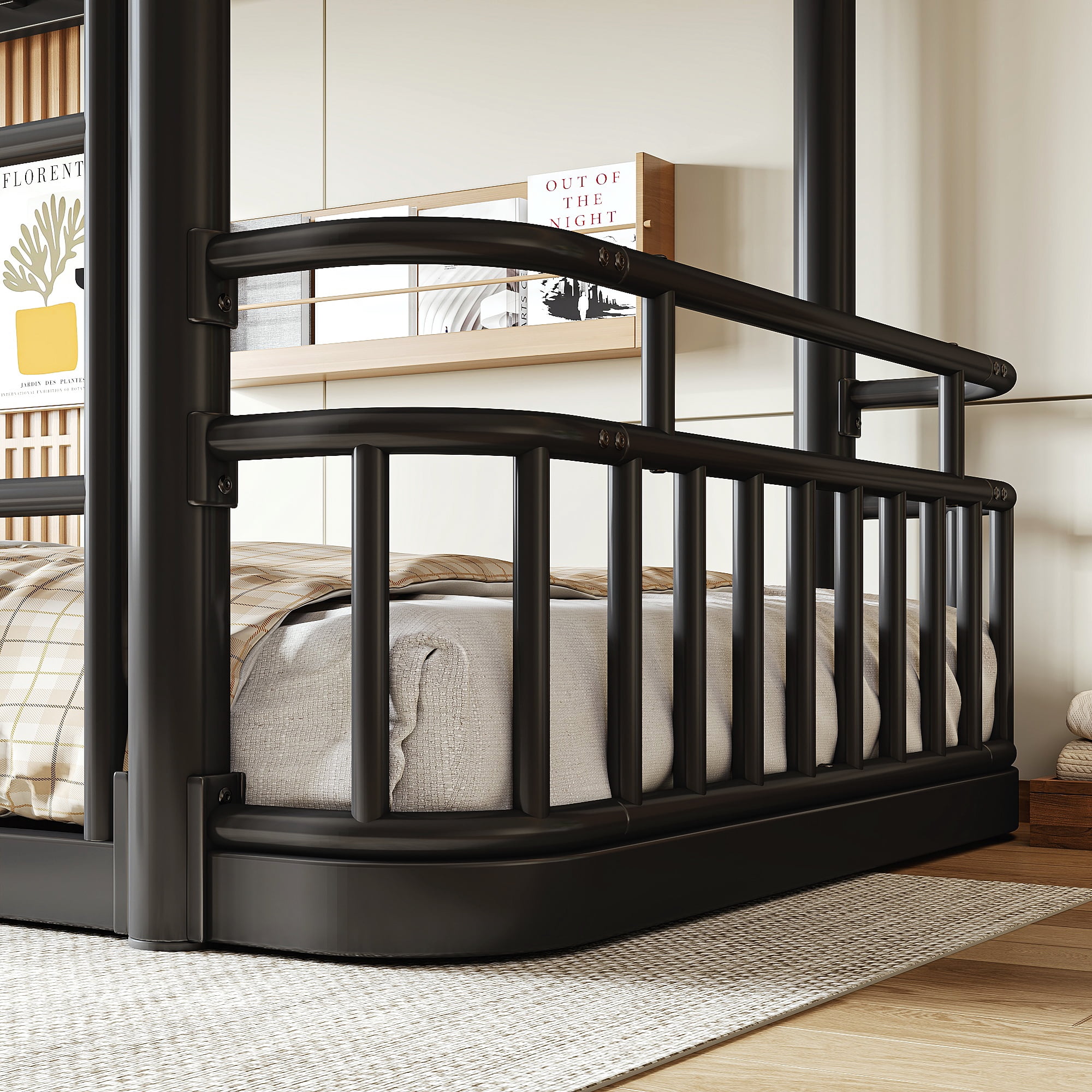Leumius Twin over Twin Bunk Bed Frame with Ladders & Guardrails, Upgraded Round-Pipe Metal Frame, Stylish & Versatile for Any Room,Black