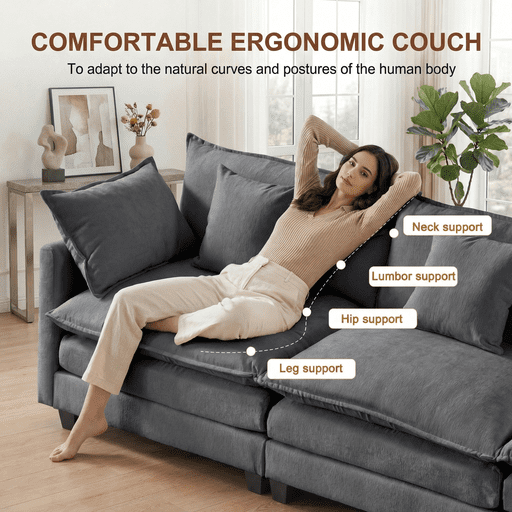 Dioepic Cloud Chenille 3-Seat Living Room Sectional Sofa Modern Cloud Couch 111.4" with Ottoman & 3 Pillows, Grey