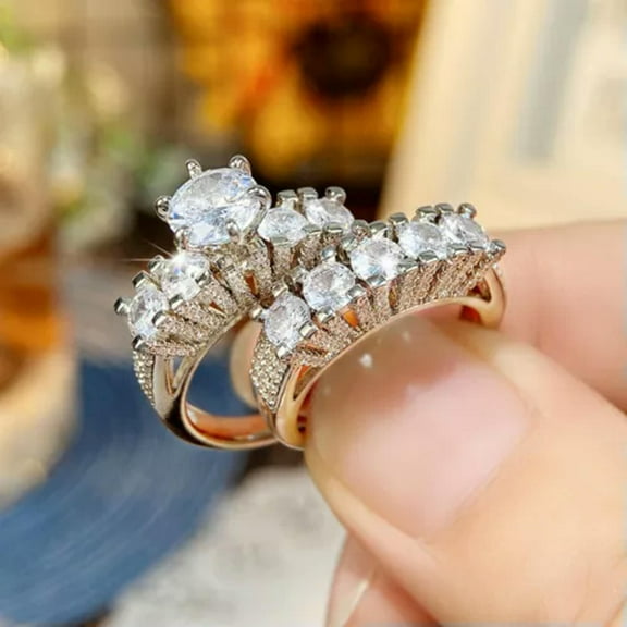2 Pcs/Set Glamorous 925 Silver Ring Cubic Zirconia Wedding Women Jewelry Sz 6-10