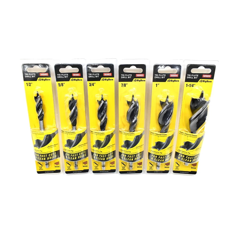Big Horn 18984K TurboBore Tri Flute Wood Drill Bit 6 Piece Set - 1/2 Inch To 1-1/4 Inch