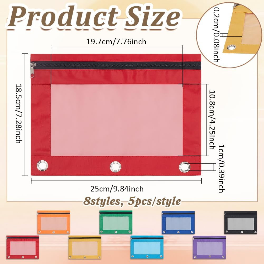 Pencil Pouch for 3 Ring Binder Bulk 24 Pack Mesh Zipper Pencil Case Bags in Assorted Colors - Sturdy and Durable Cloth Pencil Holder