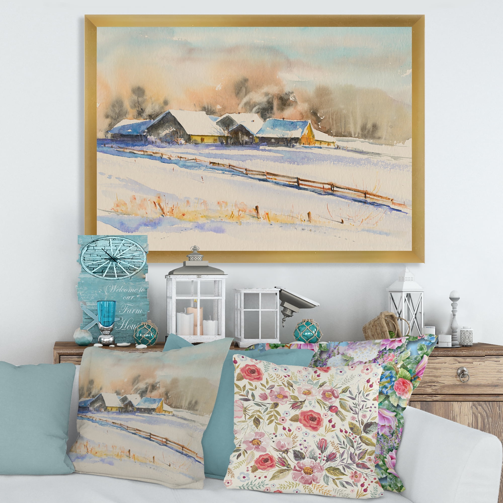 Designart 'Small VIllage At Evening Covered With Snow' Traditional Framed Art Print
