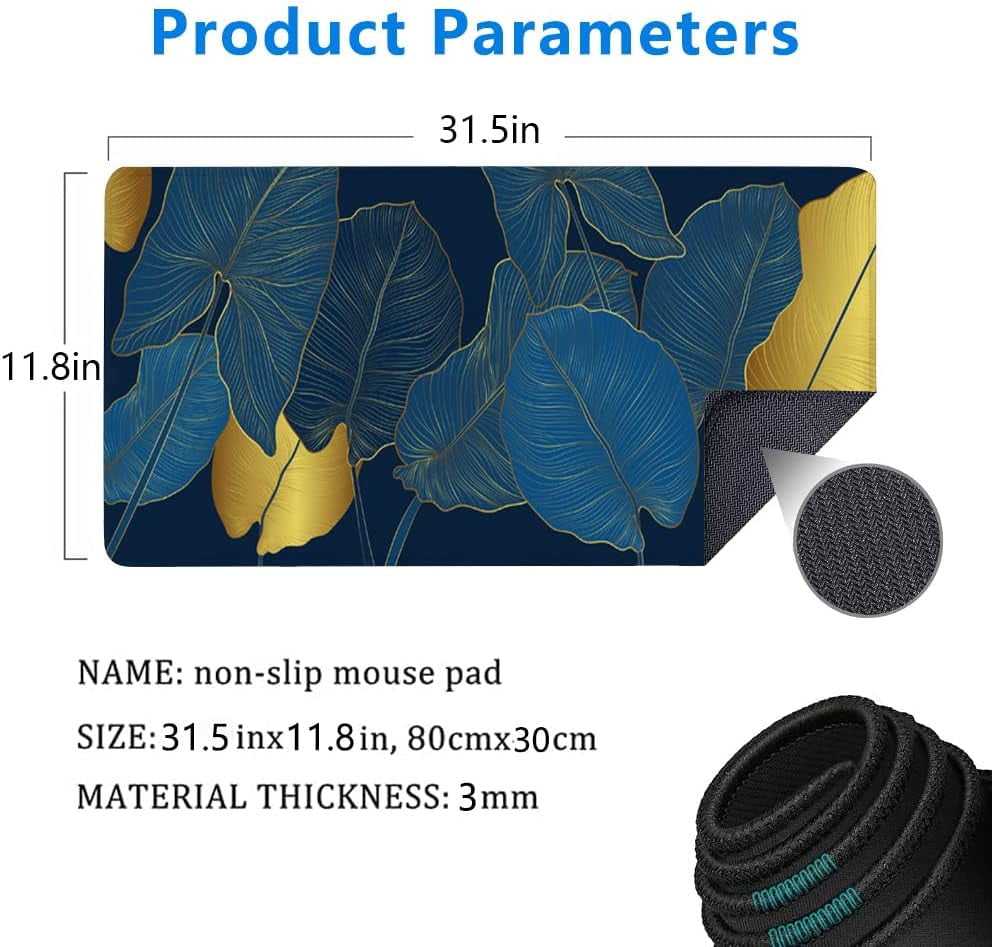 Large Mouse Pad,Golden Philodendron and Monstera Plant Large XL Desk Mat Extended Waterproof Mouse Mat with Stitched Edges and Non-Slip Base for Office Gaming Home 31.5 X 11.8 Inch