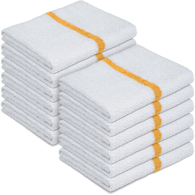 Canadian Linen White Bar Mops Golden Stripe, 12 Pack, Lightweight Soft Absorbent Cotton Quick Dry Reusable Dish Cloth for Home Kitchen Office Spa Sports