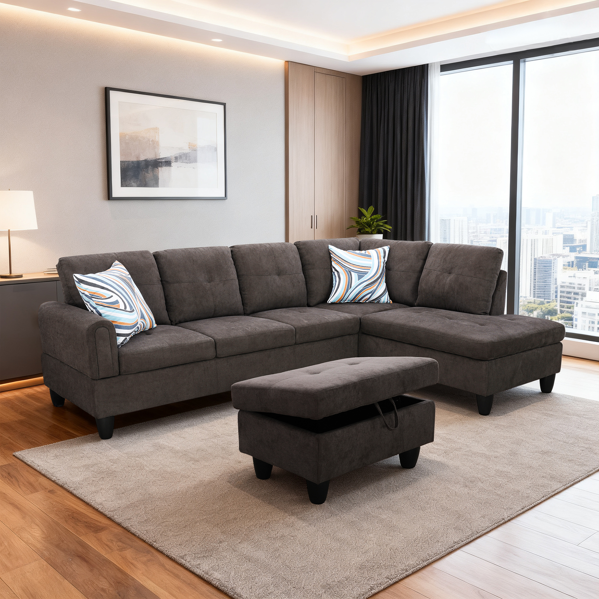 MAYEERTY 97" Modern 3-Piece Fluffy Fabric Couch Living Room Sofa Set，Dark Brown