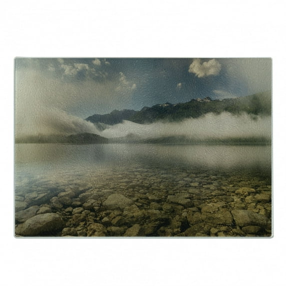 Nature Cutting Board, Alpine Lake with Stones Rocks in Crystal Water with Misty Fogy Clouds Image, Decorative Tempered Glass Cutting and Serving Board, Small Size, Grey and White, by Ambesonne