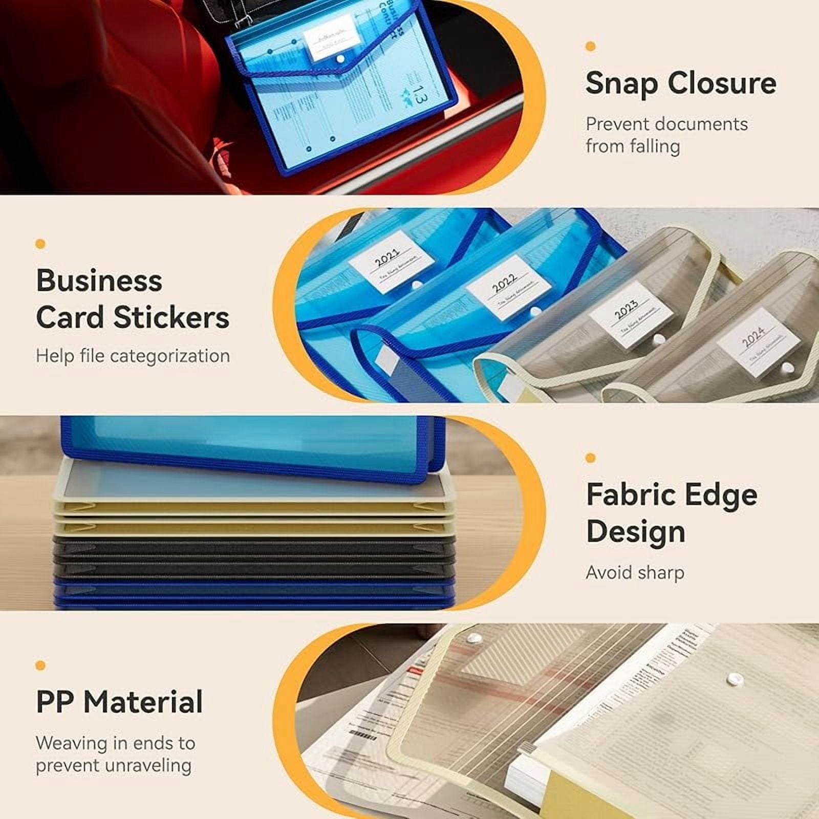 6 Pack Plastic Expanding File Folder, Transparent envelopes with Snap Closure, No Dividers, Large Capacity, Assorted Colors, Fit Letter/A4 Size