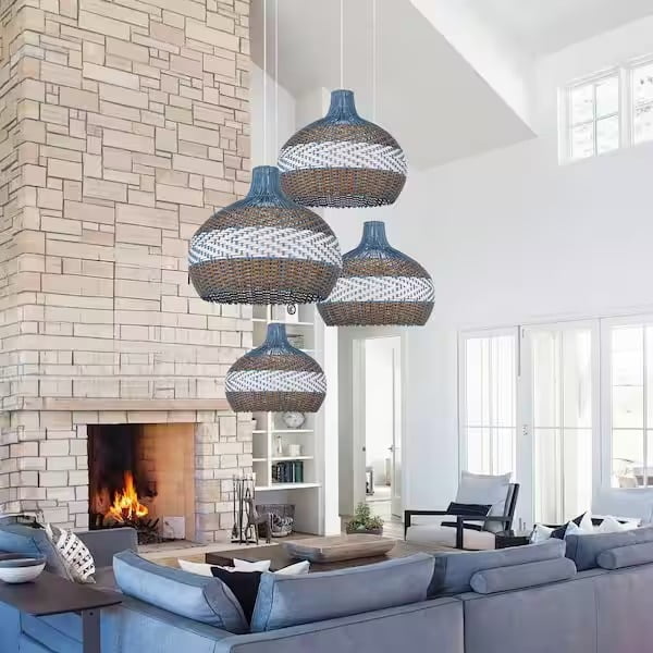 LittleGlovo Classic Blue Rattan Pendant Light Shade Quality Handmade Kitchen Island Dining Room Hanging Ceiling Chandeliers
