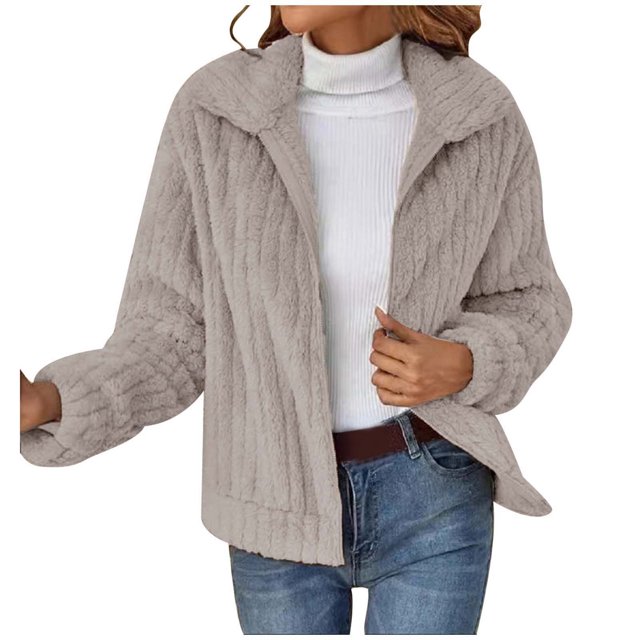 WEIYLL Veste en Molleton pour Femmes Couleur Unie Chaude Peluche Poche Zippée Manches Longues Col Beige Sortie Automne Taille 3TG