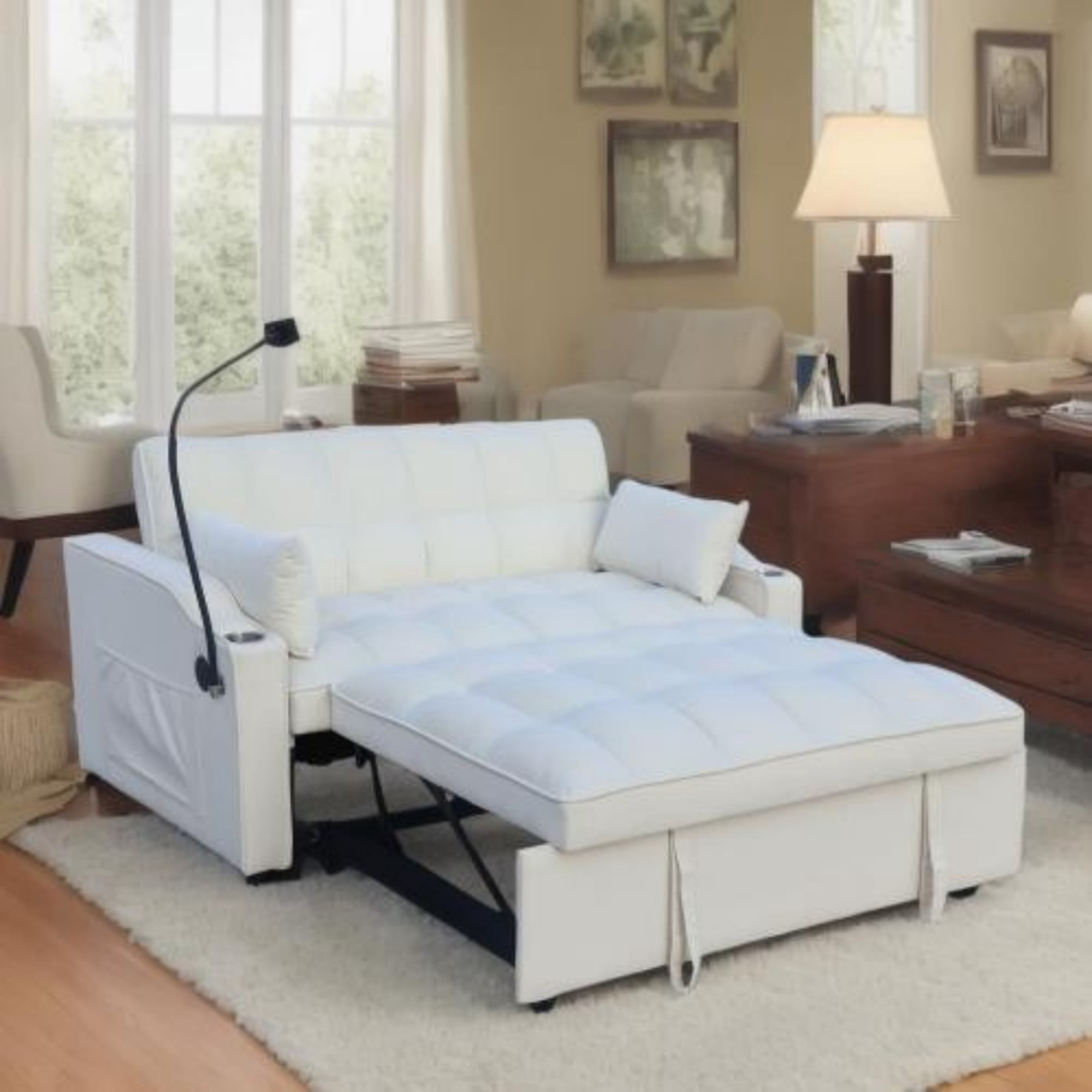 Velvet Loveseat Sofa Bed, 3-in-1 Convertible Sleeper Couch with USB Ports, Phone Holder & Pullout Bed, Beige